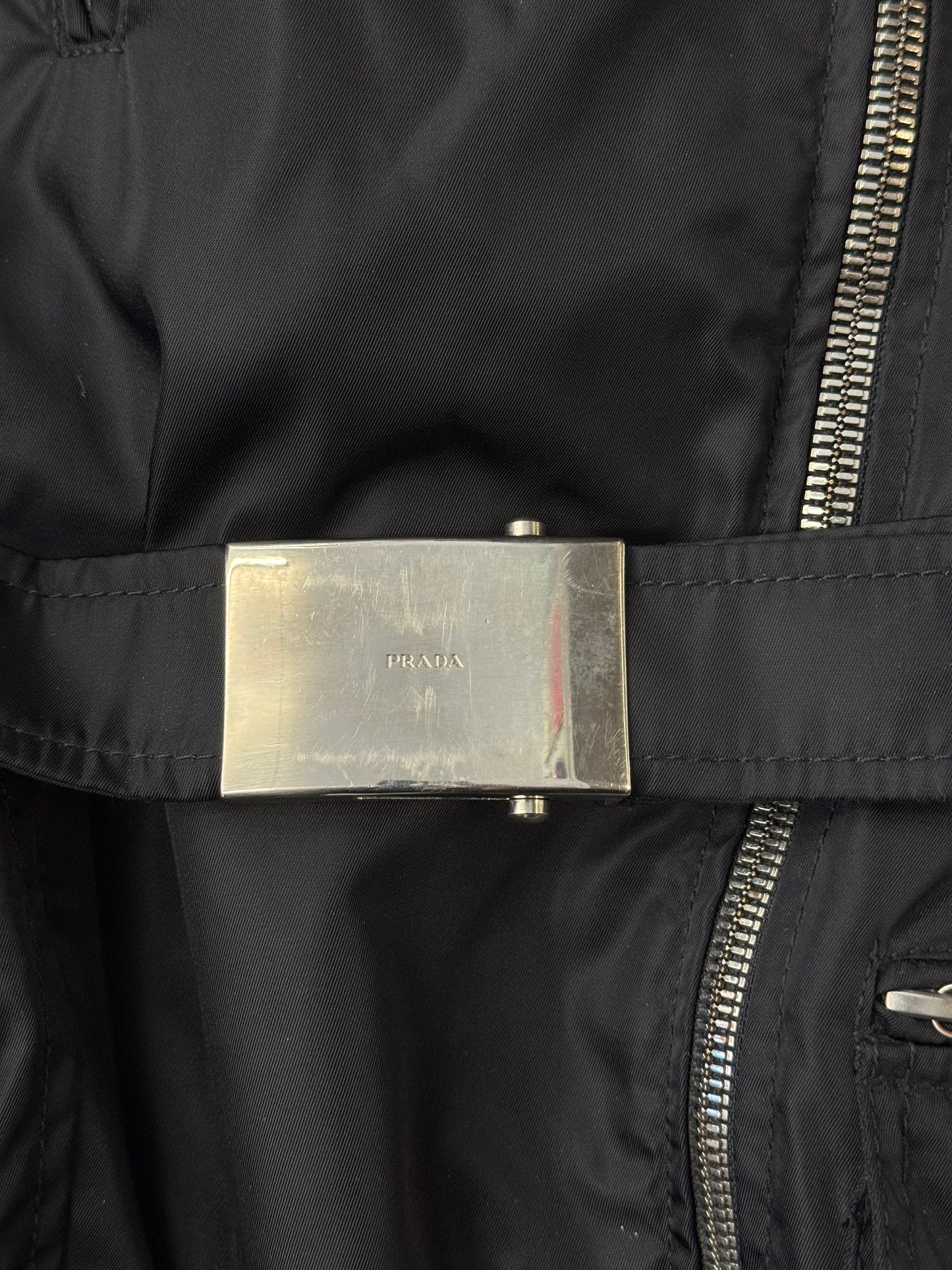 FW94 PRADA NYLON AND LEATHER COAT WITH DETACHABLE FUR COLLAR
