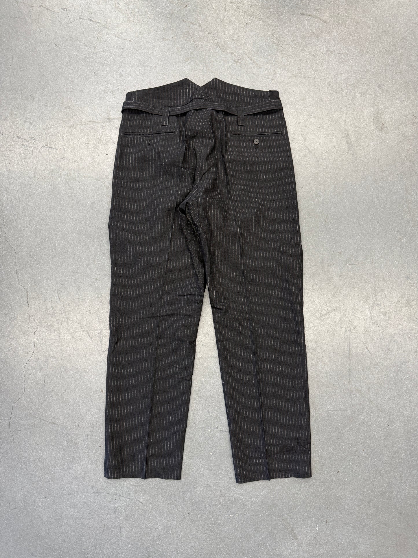 VISVIM PINSTRIPE WOOL WIDE CUFF PANTS - BLACK