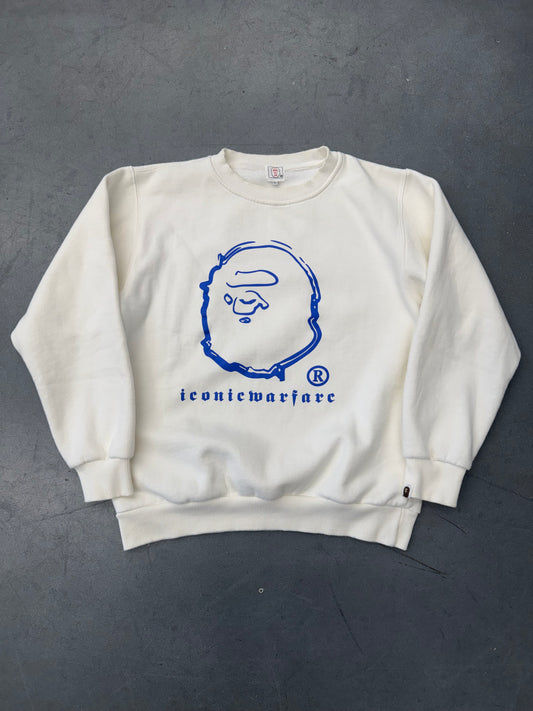 VINTAGE BAPE ICONIC WARFARE BIG HEAD CREWNECK - WHITE/BLUE