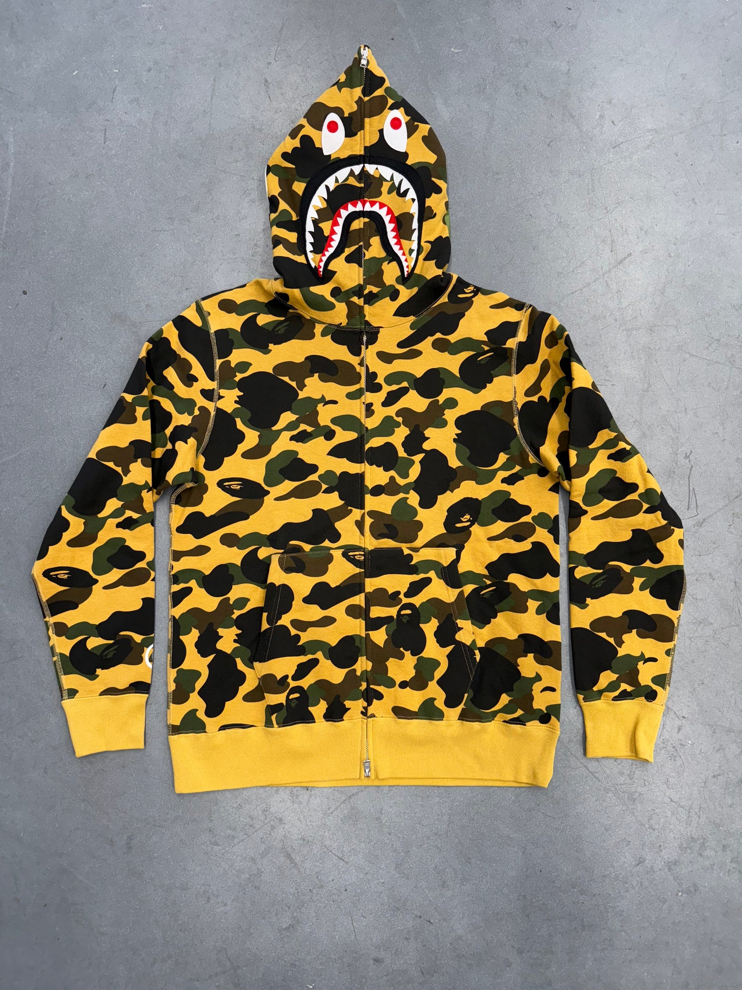 A BATHING APE BAPE 1ST CAMO SHARK FULL ZIP HOODIE - YELLOW (XL) (NWT)