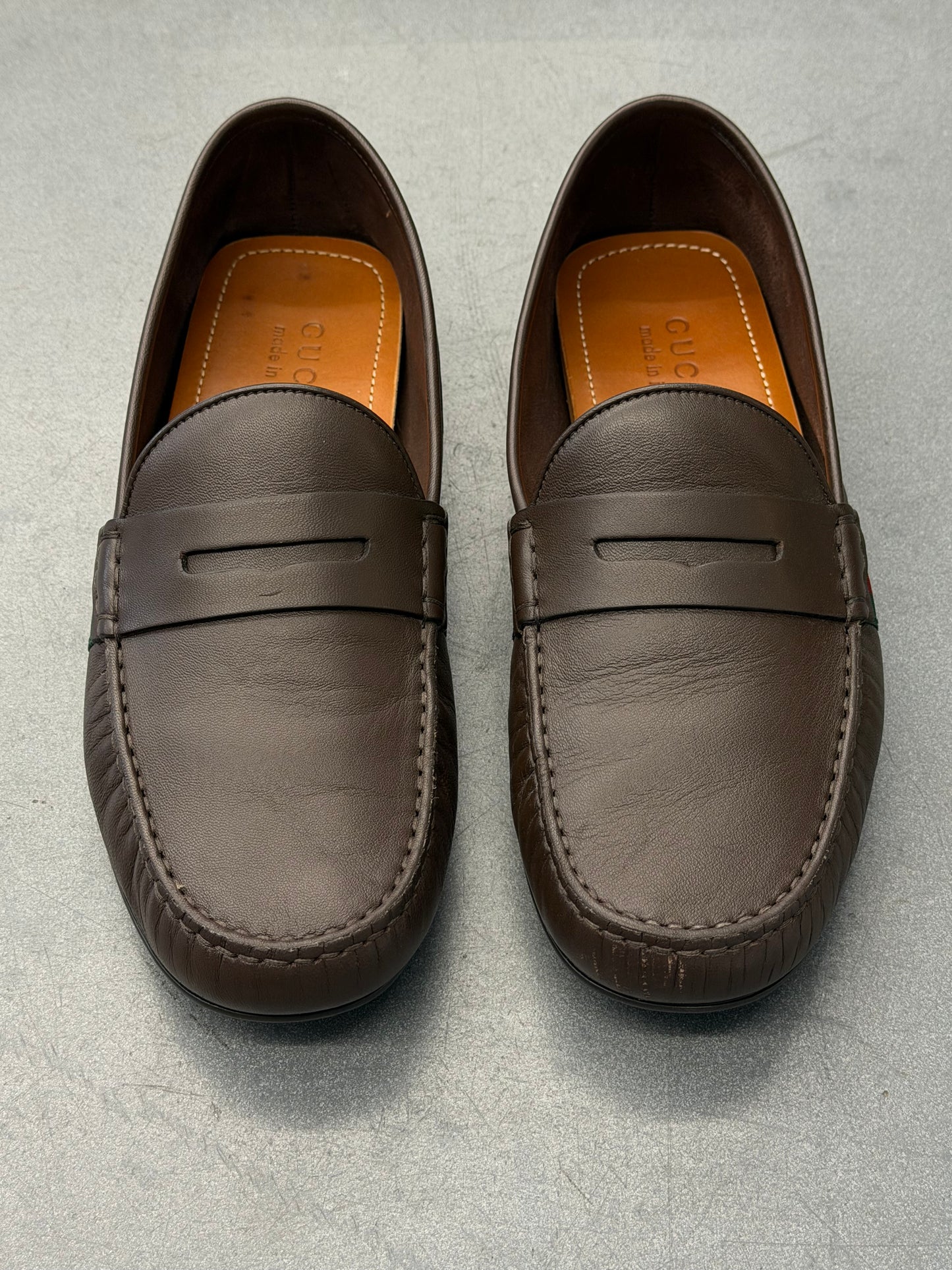 GUCCI WEB LEATHER DRIVER LOAFERS - BROWN (PRE-OWNED WITH BOX)