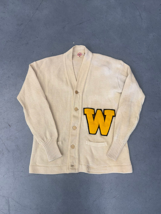1940'S COLLEGE FOOTBALL 'W' PATCH CARDIGAN SWEATER (LOWE & CAMPBELL ATHLETIC GOODS CO TAG)