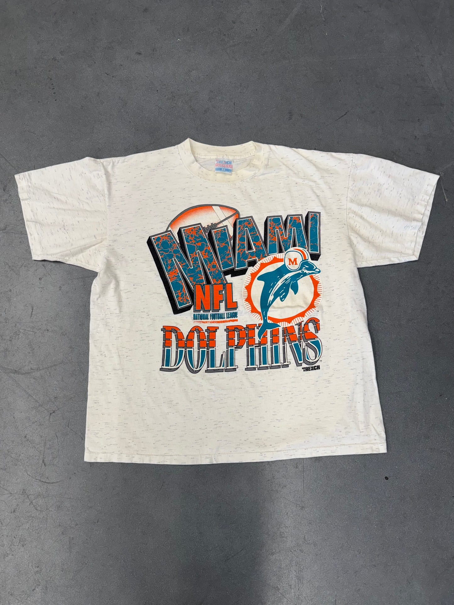 90S TRENCH MIAMI DOLPHINS CRACKLE SPELLOUT LOGO TEE