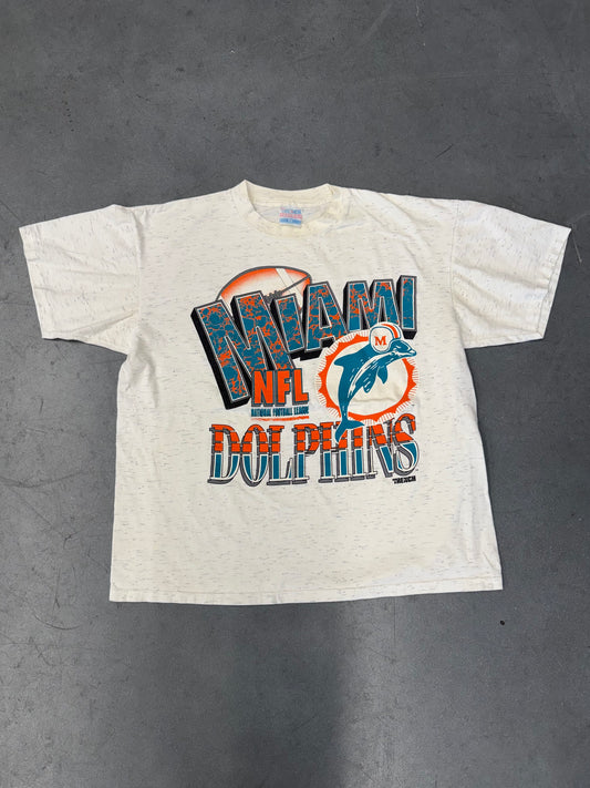 90S TRENCH MIAMI DOLPHINS CRACKLE SPELLOUT LOGO TEE