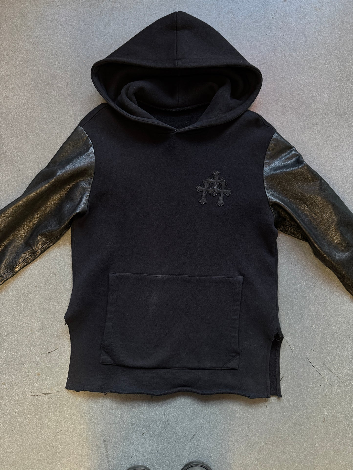 CHROME HEARTS LEATHER SLEEVE Y NOT HOODIE - BLACK (S)
