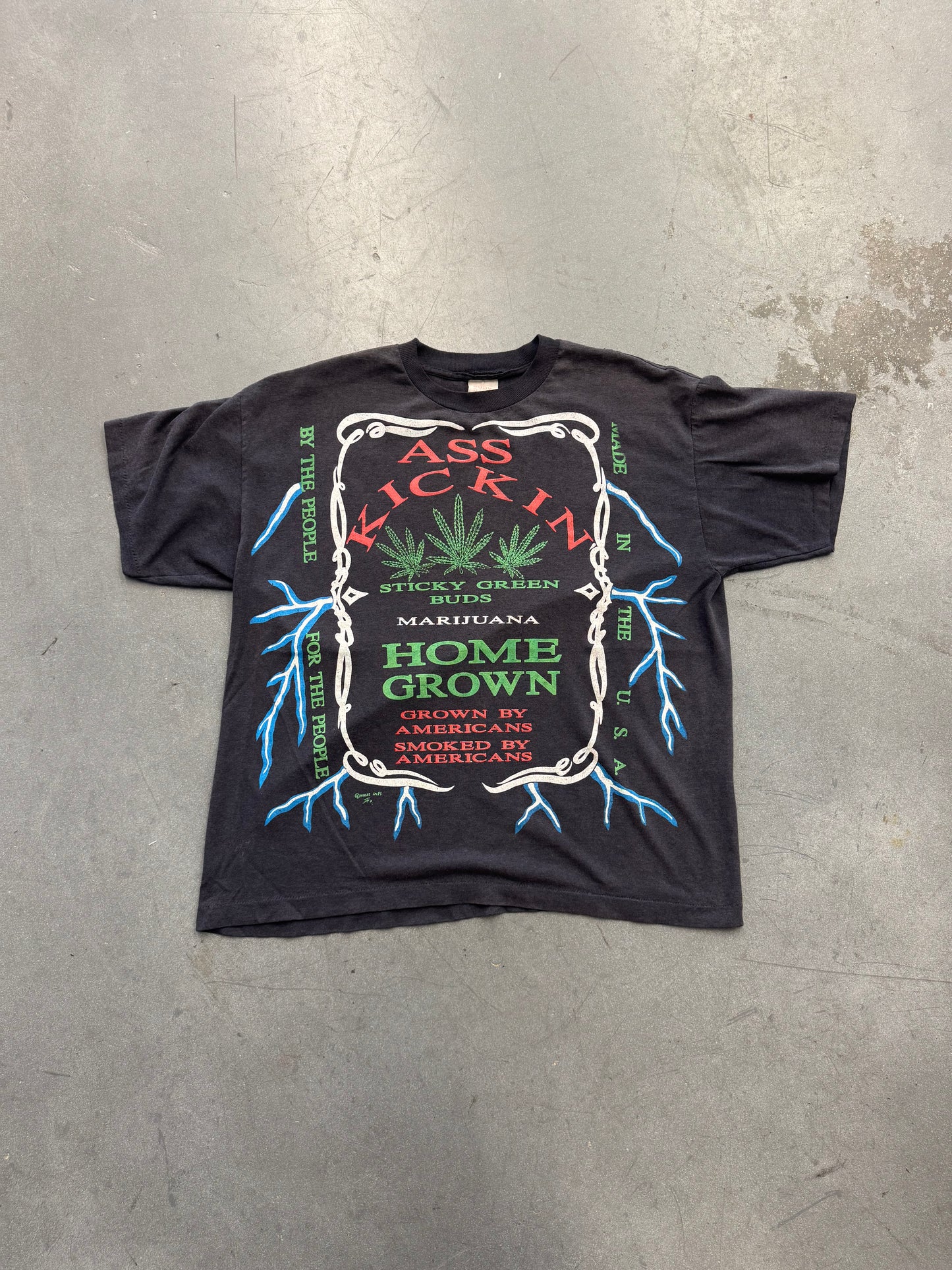 90S ASS KICKIN MARIJUNANA ALL OVER PRINT AMERICAN THUNDER TEE (BODY RAGZ TAG)