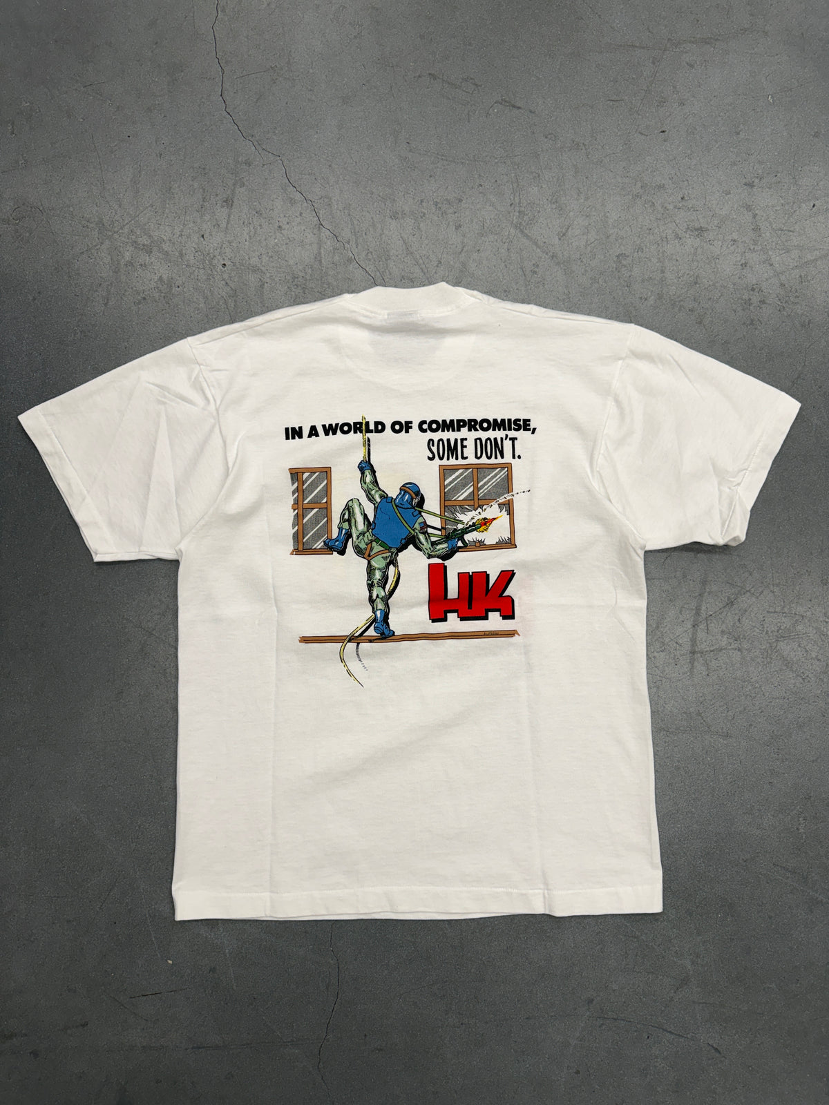 90S HECKLER & KOCH "WHEN LIVES ARE AT STAKE, LEAVE NOTHING TO CHANCE." TEE (SCREEN STARS BEST TAG)