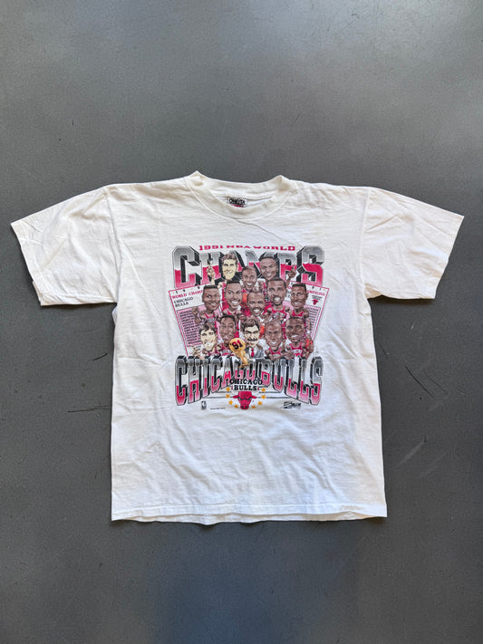 1991 NBA WORLD CHAMPIONS CHICAGO BULLS CARICATURE TEAM TEE (ONEITA TAG)