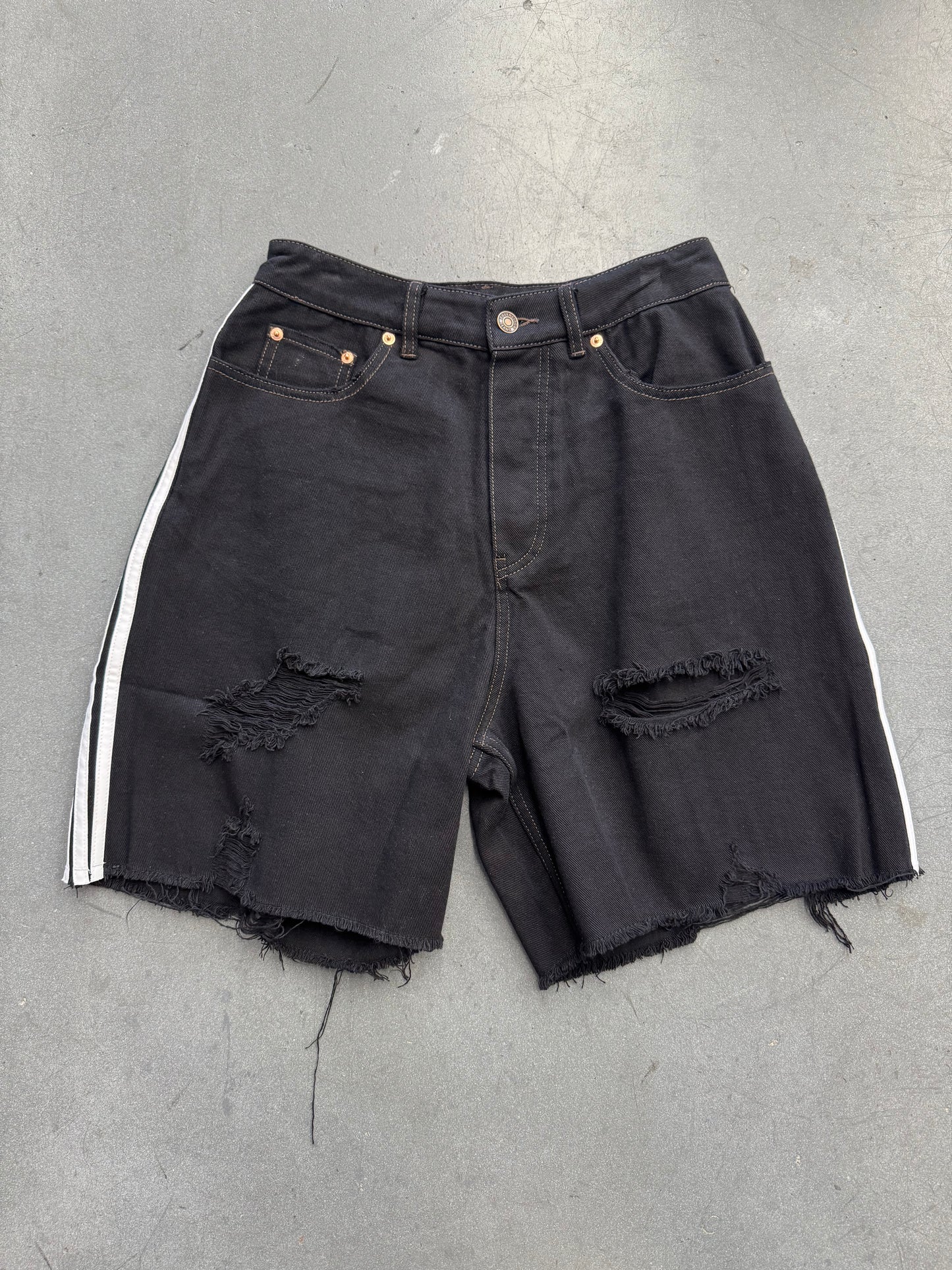 BALENCIAGA X ADIDAS DISTRESSED DENIM 3-STRIPE SHORTS (NWT S)