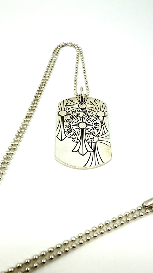 CHROME HEARTS GOD BLESS THE WORLD SILVER DOG TAG WITH 30 INCH SILVER BALL CHAIN