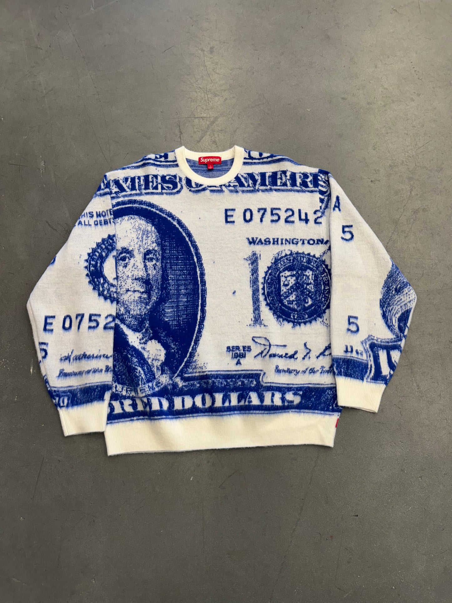 SS25 SUPREME MONEY SWEATER - WHITE/BLUE
