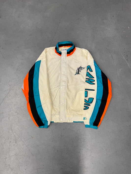 90S STARTER FLORIDA MARLINS SLEEVE SPELLOUT NYLON AND SATIN BOMBER JACKET