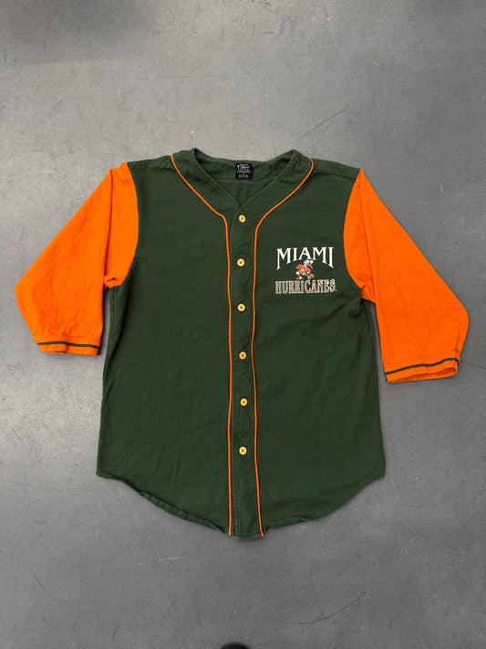90S MIAMI HURRICANES BUTTON UP COTTON BASEBALL JERSEY (FRONT ROW TAG)