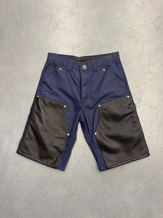 CHROME HEARTS NYLON LEATHER PATCH DOUBLE KNEE SHORTS - NAVY / YELLOW (29)