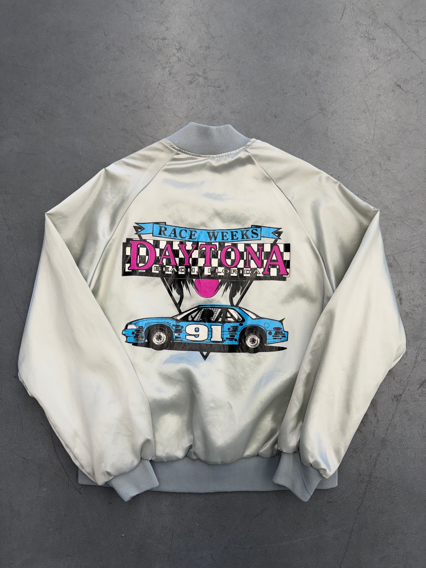 1991 RACE WEEK DAYTONA BEACH FLORIDA GREY SATIN SNAP VARSITY JACKET