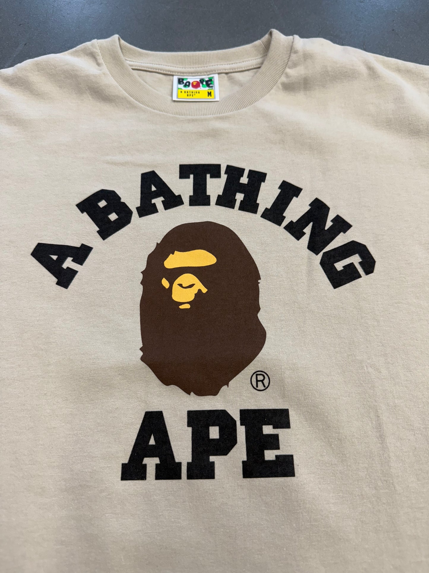 A BATHING APE BAPE COLLEGE TEE - TAN (M) (NEW IN BAG)