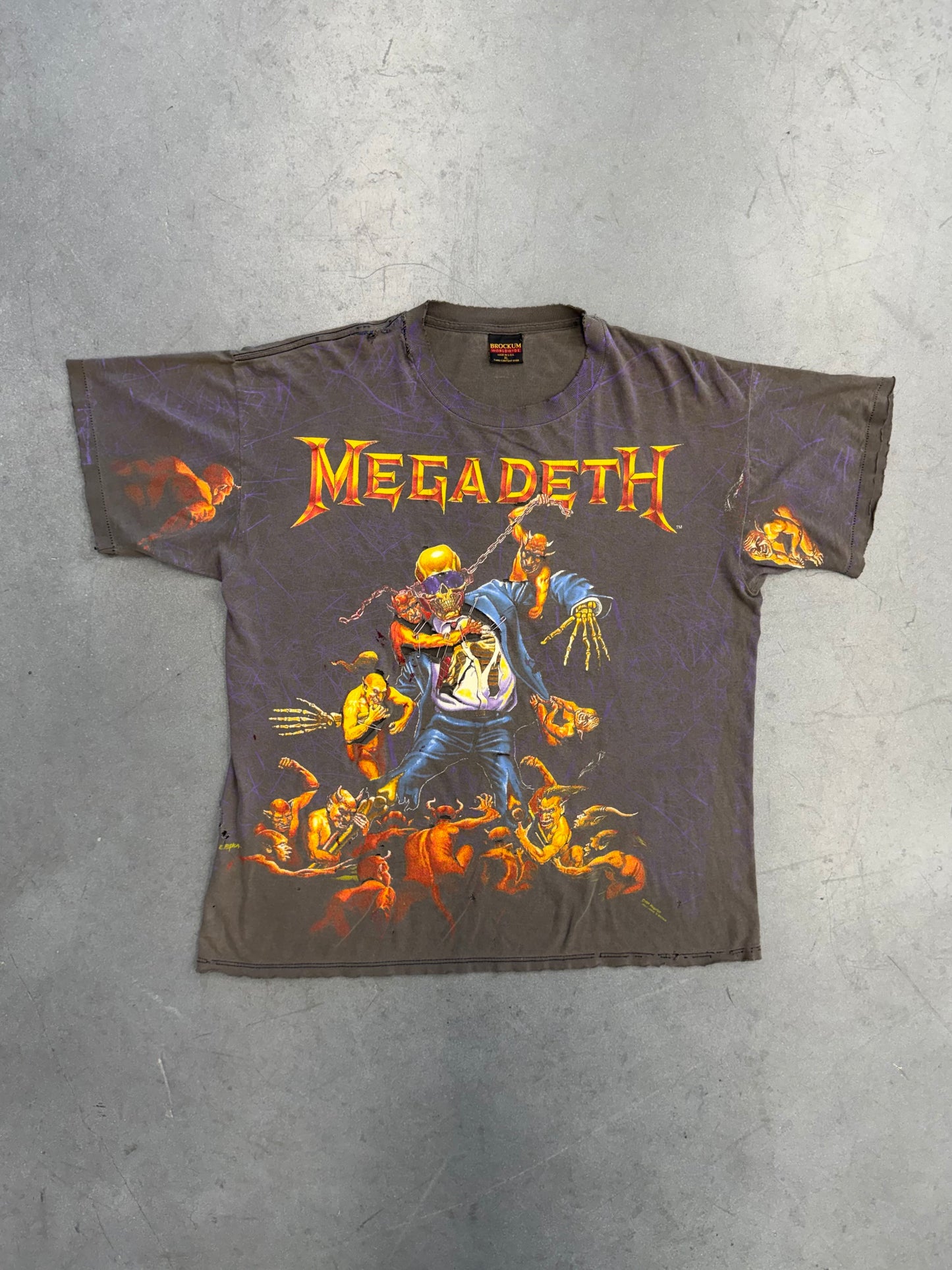 1991 MEGADEATH SUIT SKELETON THRASHED AOP PINNED TEE (BROCKUM TAG)