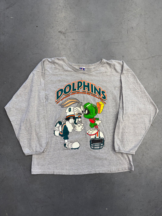 1993 MIAMI DOLPHINS LOONEY TUNES DIS MEANS WAR LS TEE (PRO SPIRIT TAG)