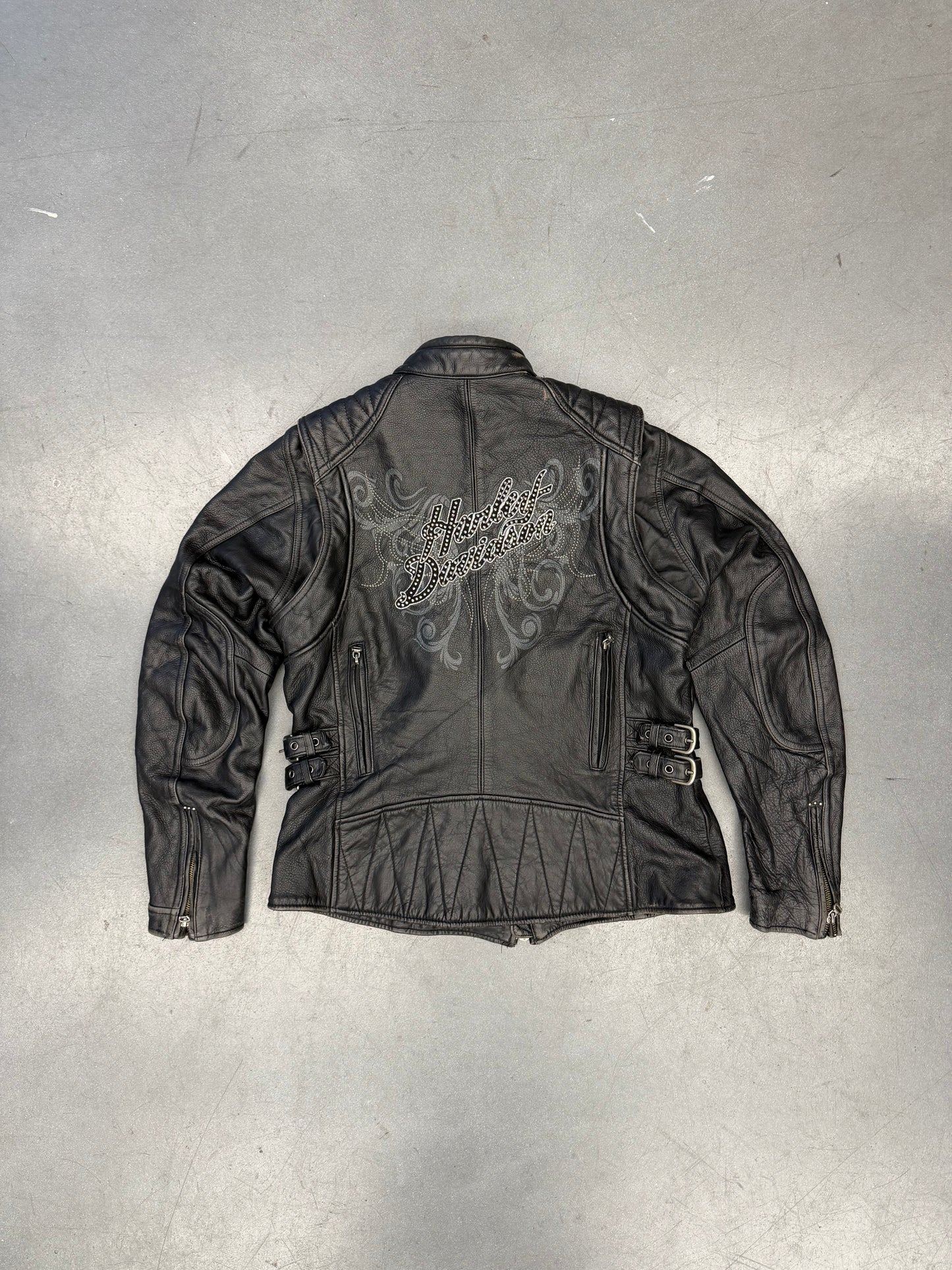 2012 HARLEY-DAVIDSON DOUBLE-BELTED WAIST STUDDED LOGO LEATHER JACKET