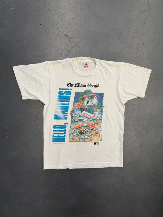 1991 HELLO, MARLINS! THE MIAMI HERALD TEE (FOTL TAG)