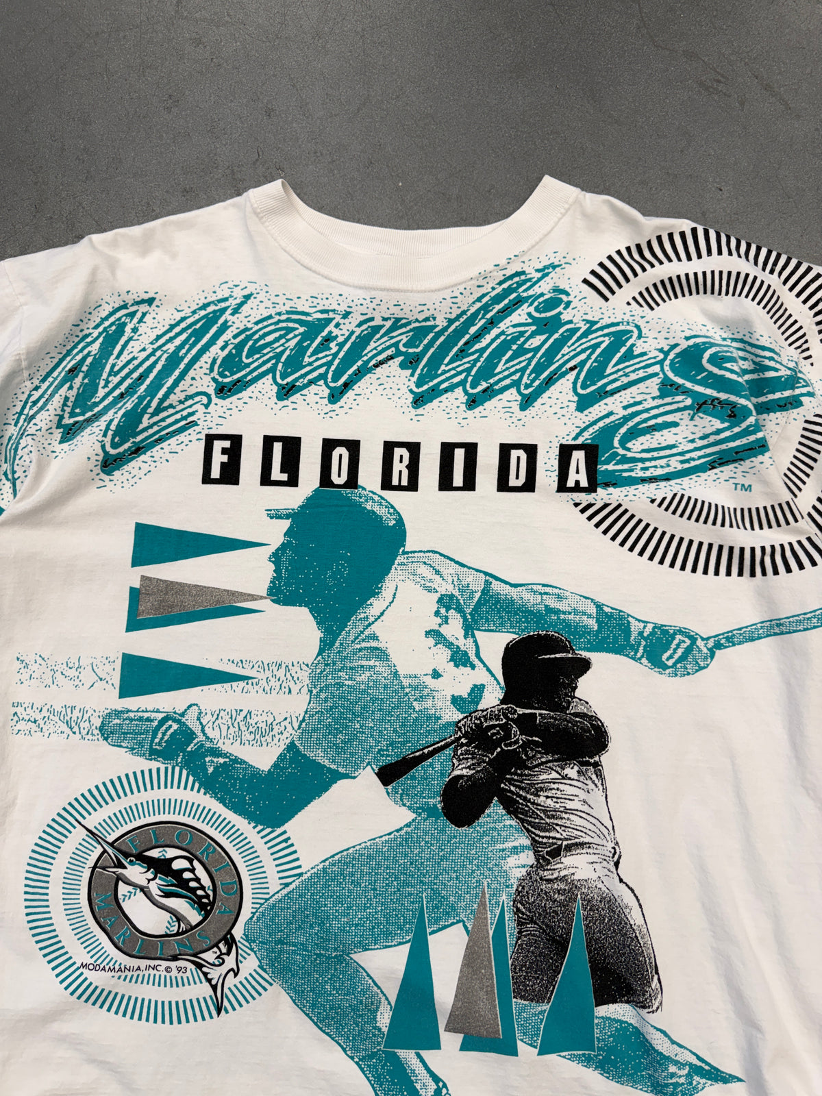 1993 FLORIDA MARLINS AOP BASEBALL TEE MODAMANIA INC (I.R.O.N. KNIGHT TAG)