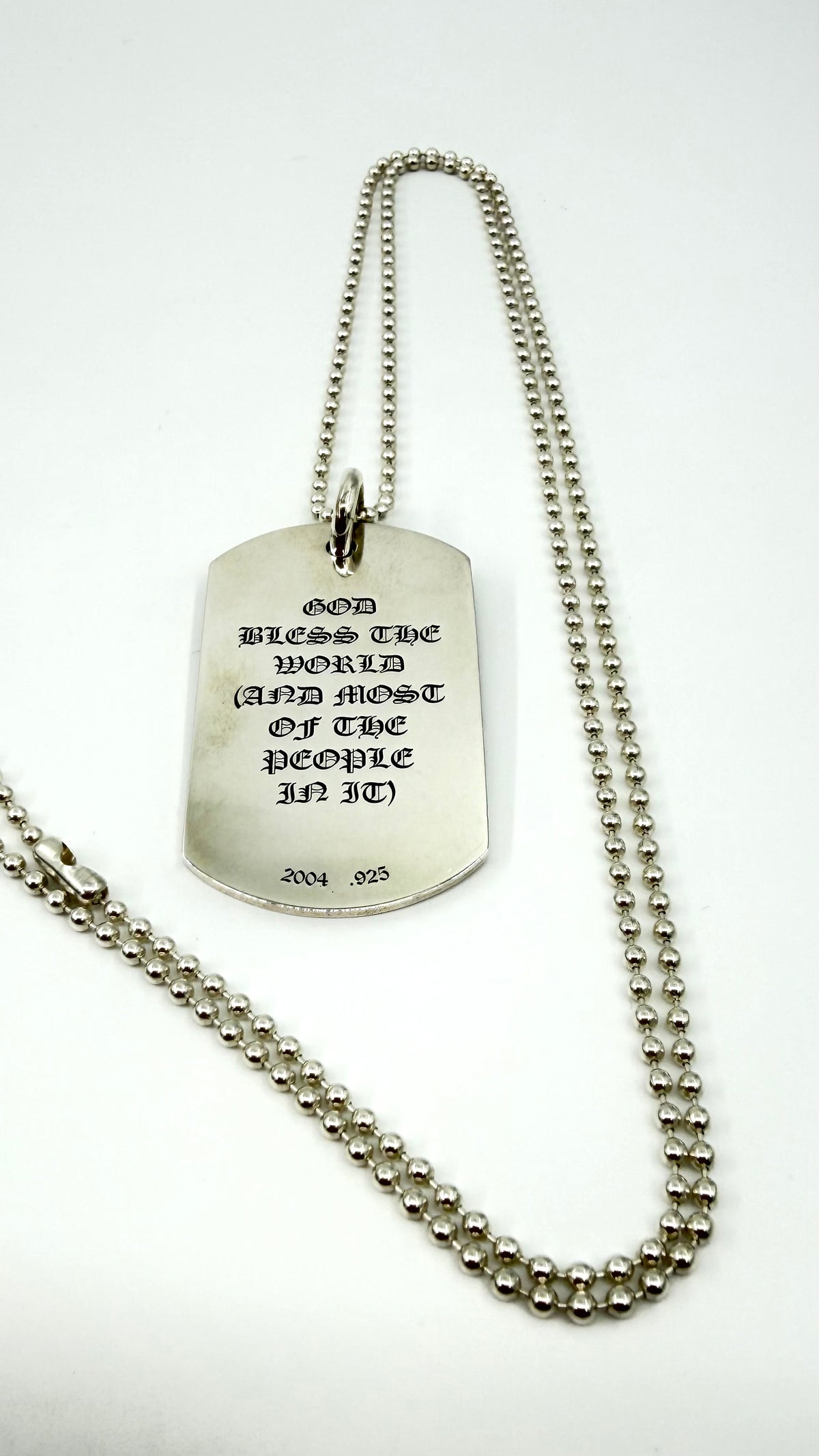 CHROME HEARTS GOD BLESS THE WORLD SILVER DOG TAG WITH 30 INCH SILVER BALL CHAIN