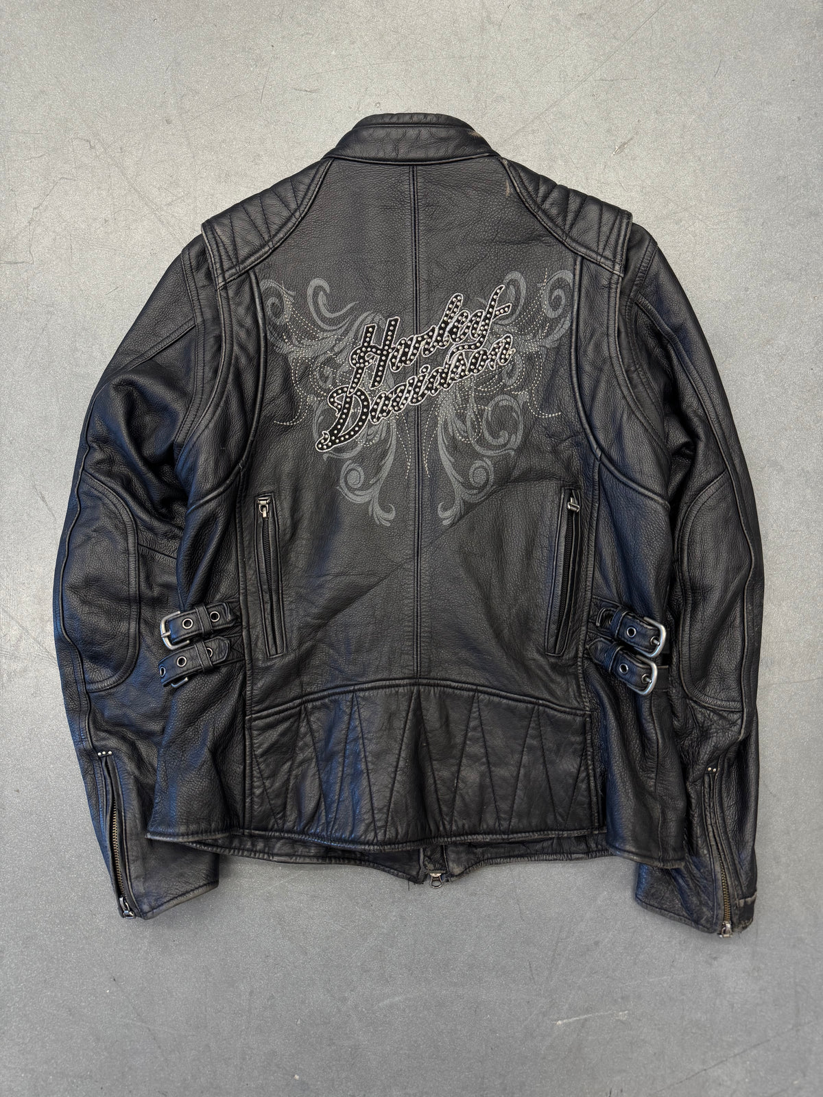 2012 HARLEY-DAVIDSON DOUBLE-BELTED WAIST STUDDED LOGO LEATHER JACKET