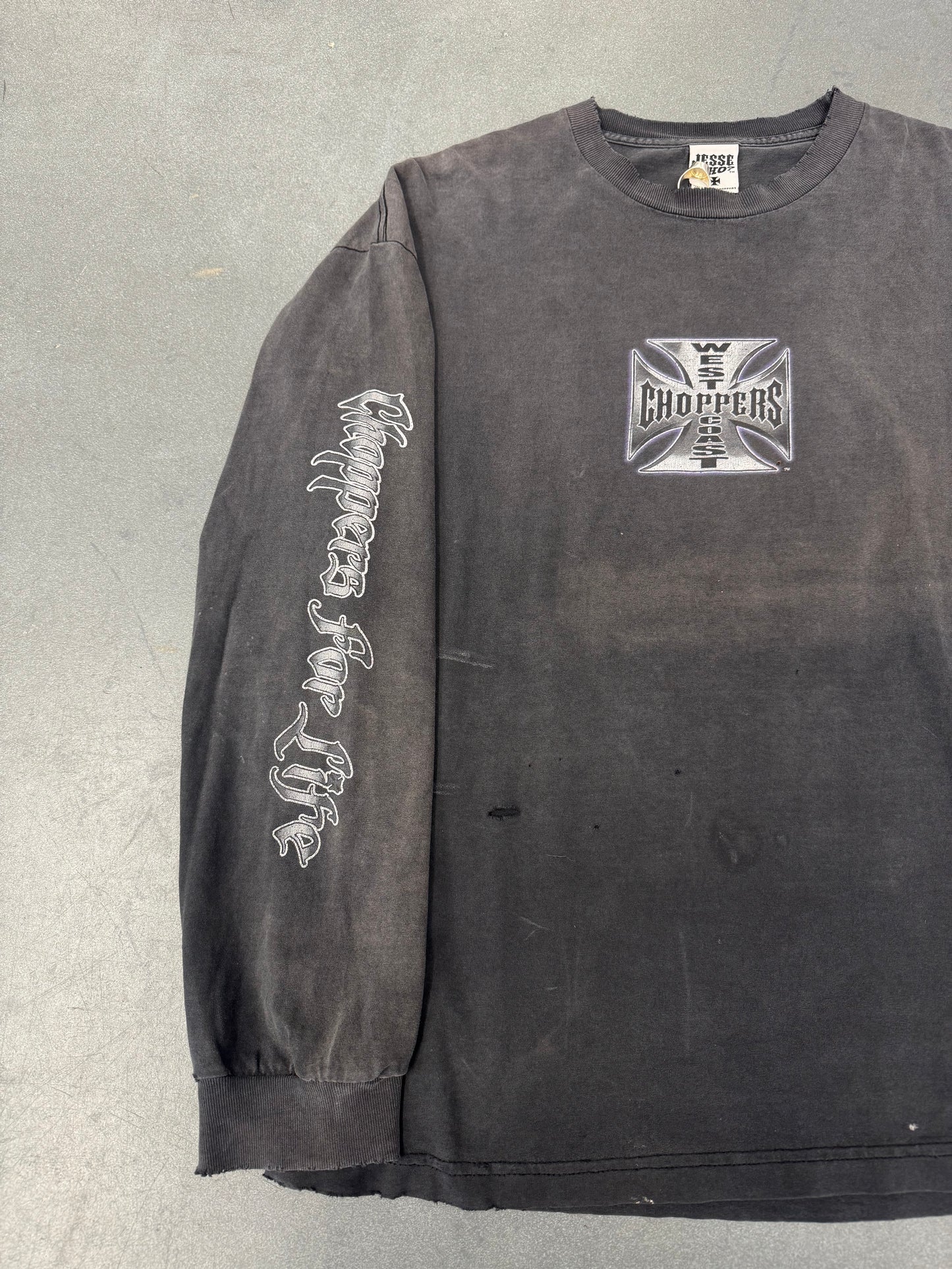00'S WEST COAST CHOPPERS "CHOPPERS FOR LIFE" SPELLOUT LS DISTRESSED TEE (JESSE WHO TAG)