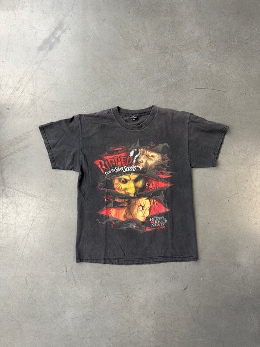 2009 UNIVERSAL STUDIOS HALLOWEEN HORROR NIGHTS RIPPED FROM THE SILVER SCREEN WOLFMAN, SAW, CHUCKY TEE