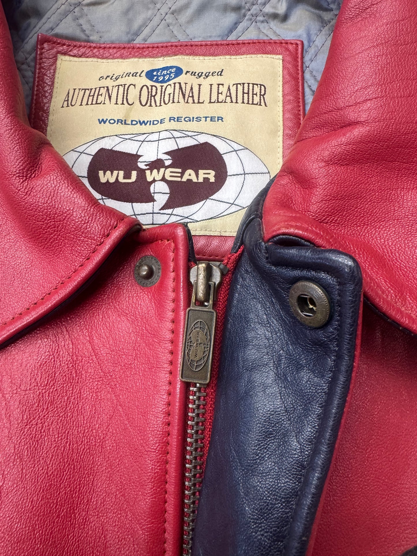 90S WU-TANG WU WEAR URBAN MILITIA LEATHER VARSITY JACKET - RED/WHITE