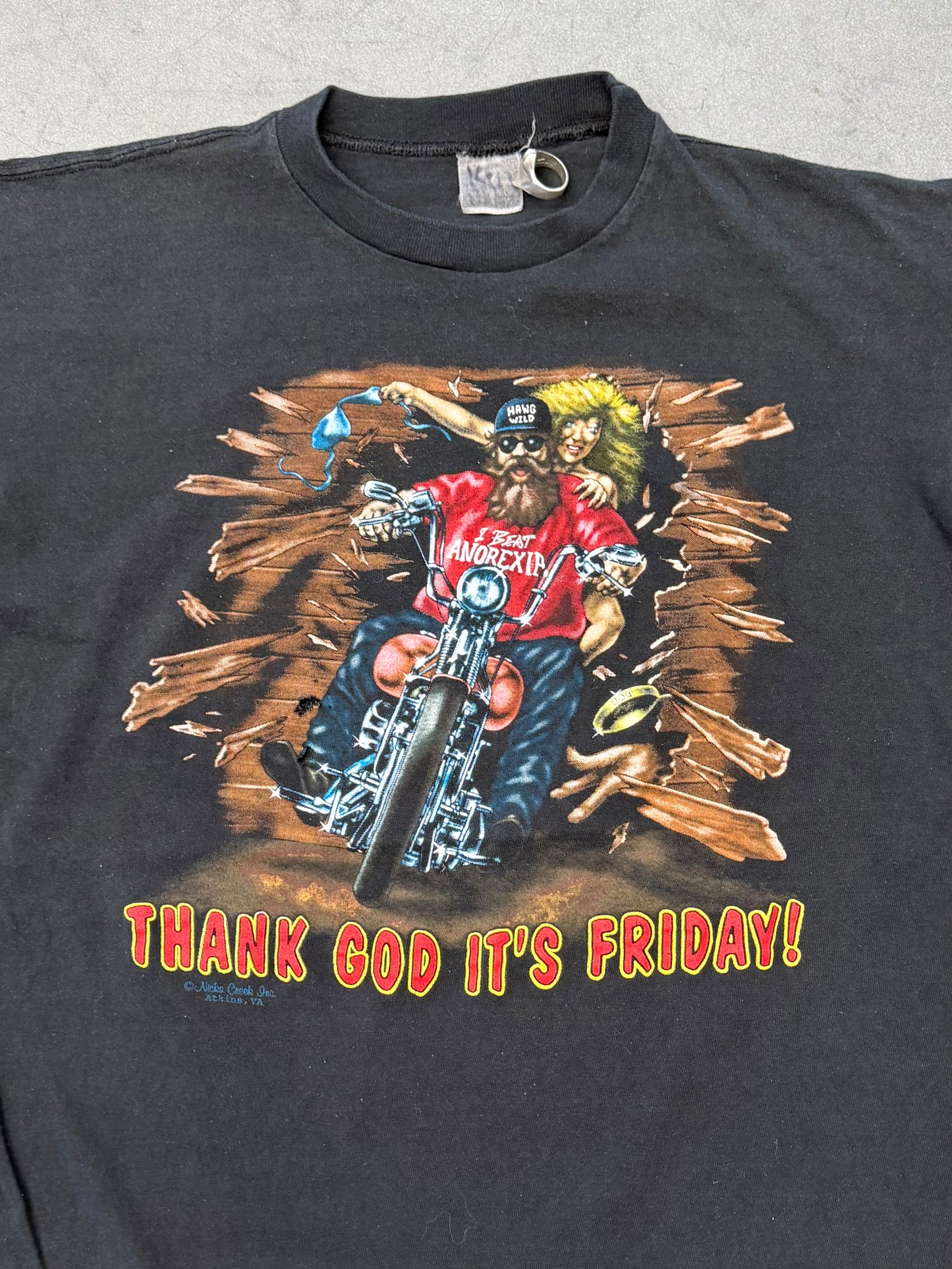 90S "THANK GOD IT'S FRIDAY!" S&E CUSTOM CYCLES OKINAWA - JAPAN TEE (FADED TAG)