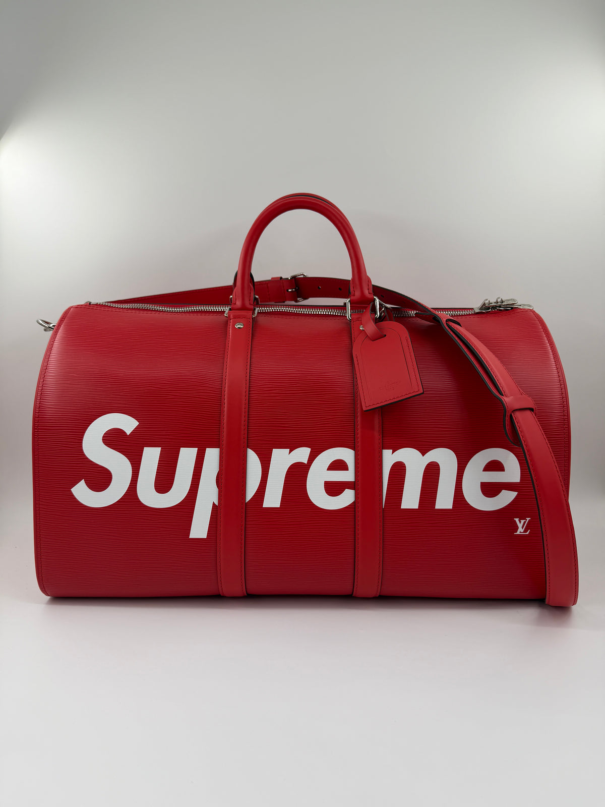 FW17 LOUIS VUITTON X SUPREME KEEPALL BANDOULIERE 45 RED EPI LEATHER DUFFLE BAG