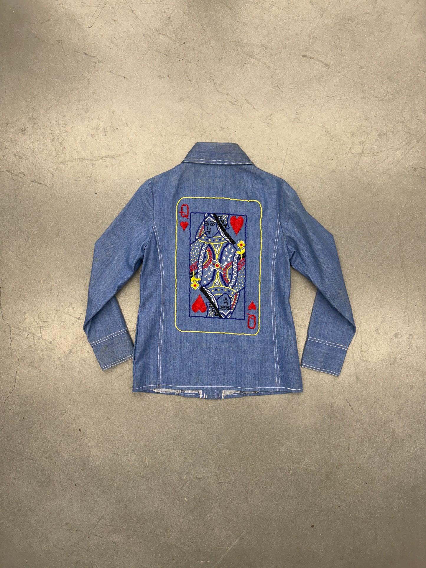 70S QUEEN OF HEARTS BEADED BUTTON-UP DENIM SHIRT (ARLEEN TAG)