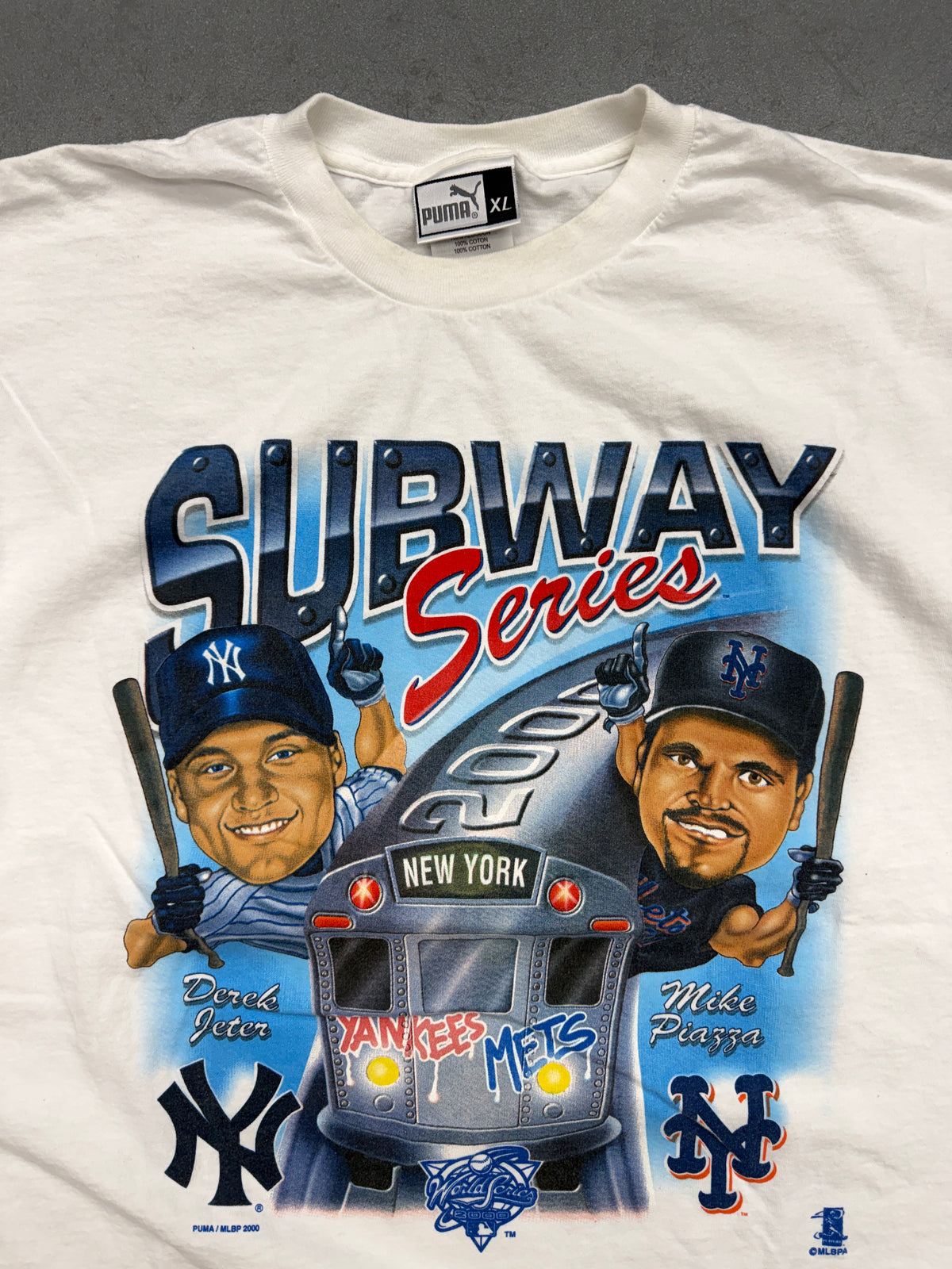 2000 MLB SUBWAY WORLD SERIES NEW YORK YANKEES METS DEREK JETER MIKE PIAZZA TEE (PUMA TAG)