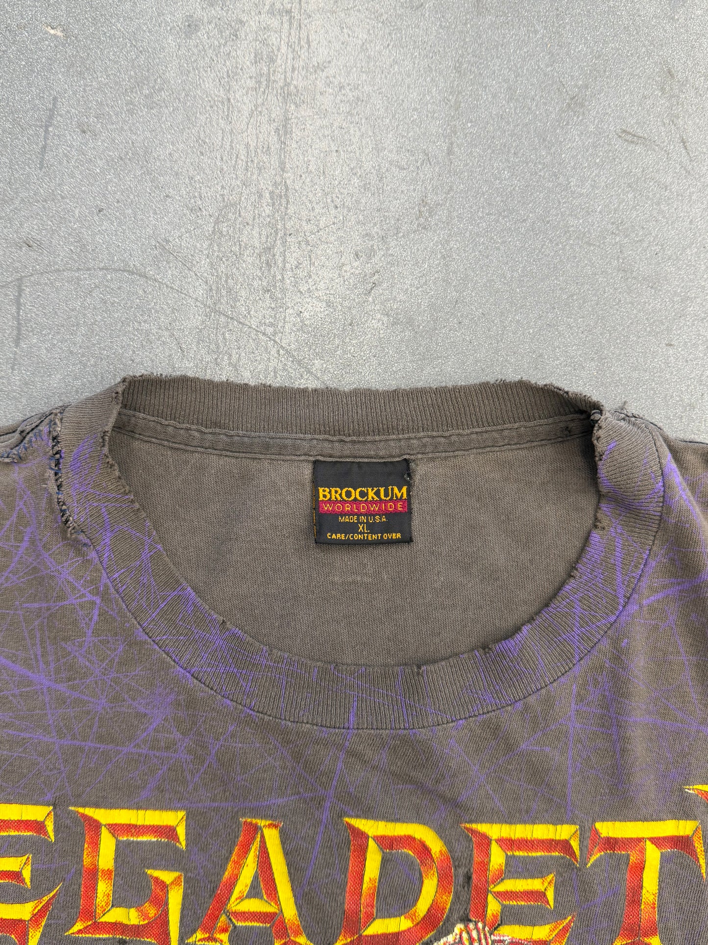 1991 MEGADEATH SUIT SKELETON THRASHED AOP PINNED TEE (BROCKUM TAG)