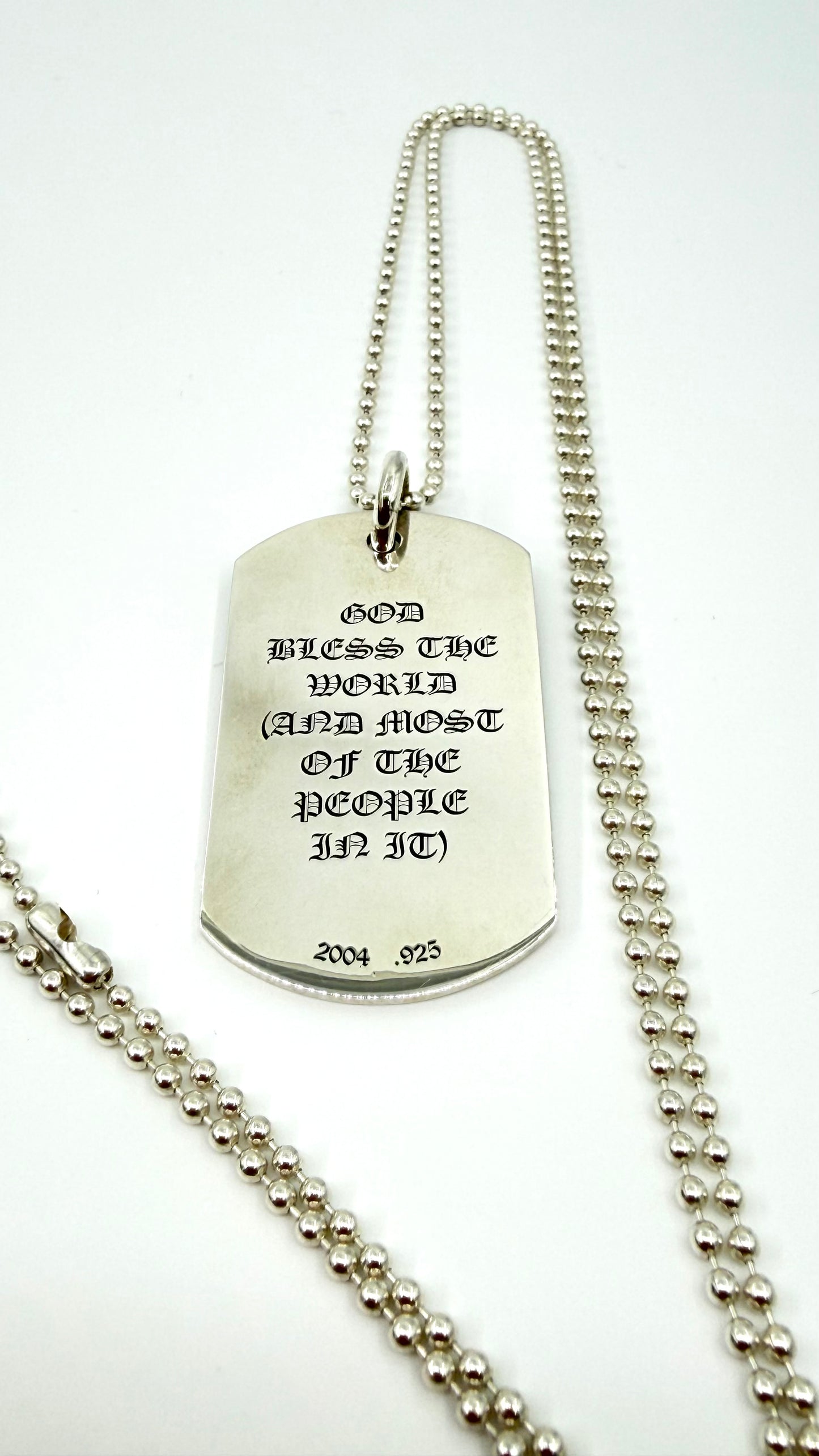 CHROME HEARTS GOD BLESS THE WORLD SILVER DOG TAG WITH 30 INCH SILVER BALL CHAIN