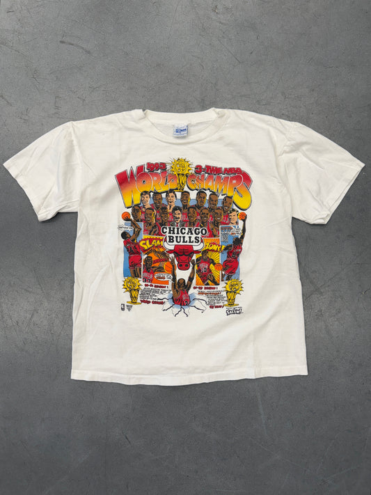 1993 3-TIME NBA CHAMPS CHICAGO BULLS CARICATURE COMIC SERIES TEE (SALEM TAG)