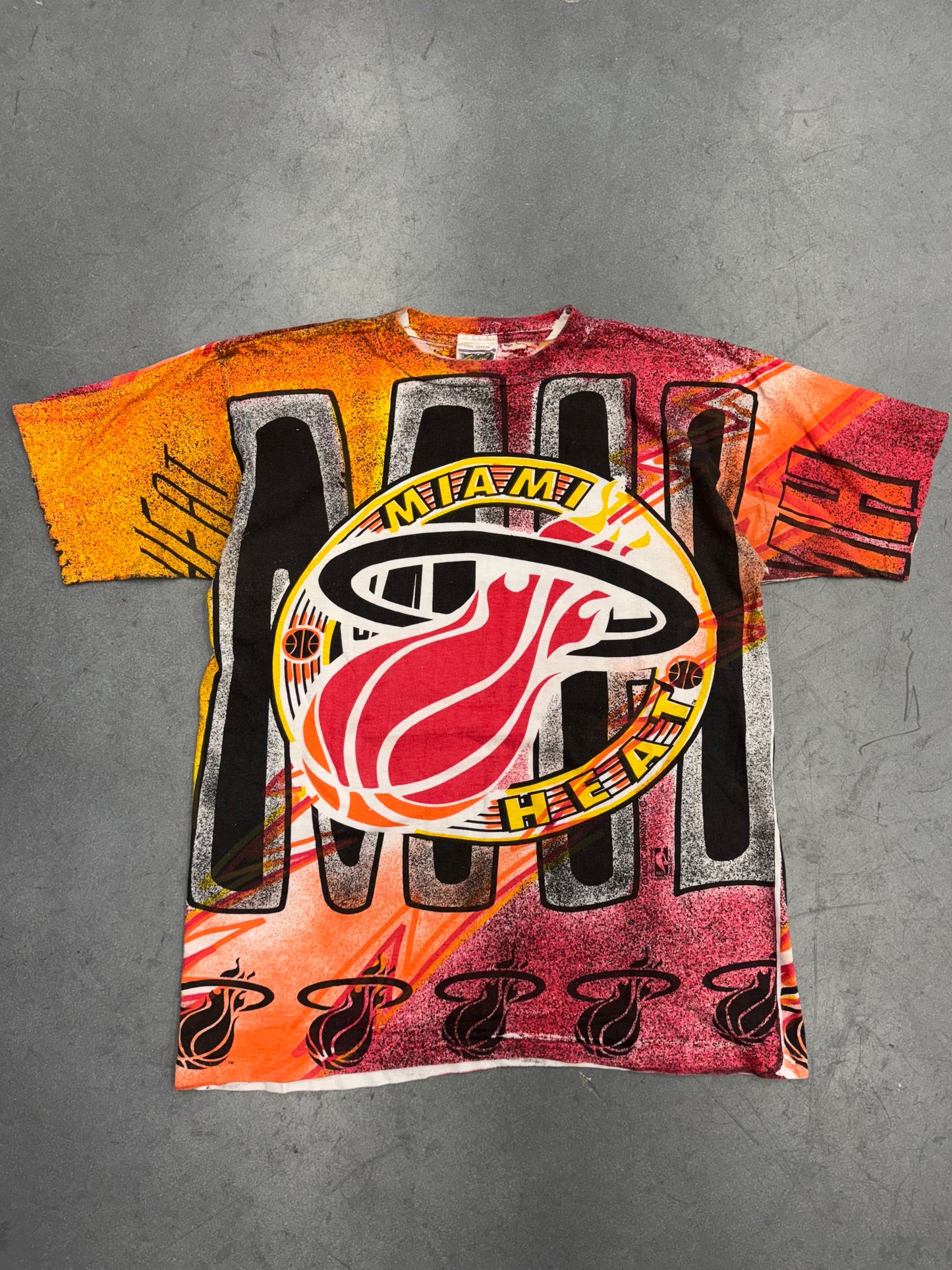 90S MAGIC JOHNSON T'S MIAMI HEAT EMBLEM PAINTED AOP TEE