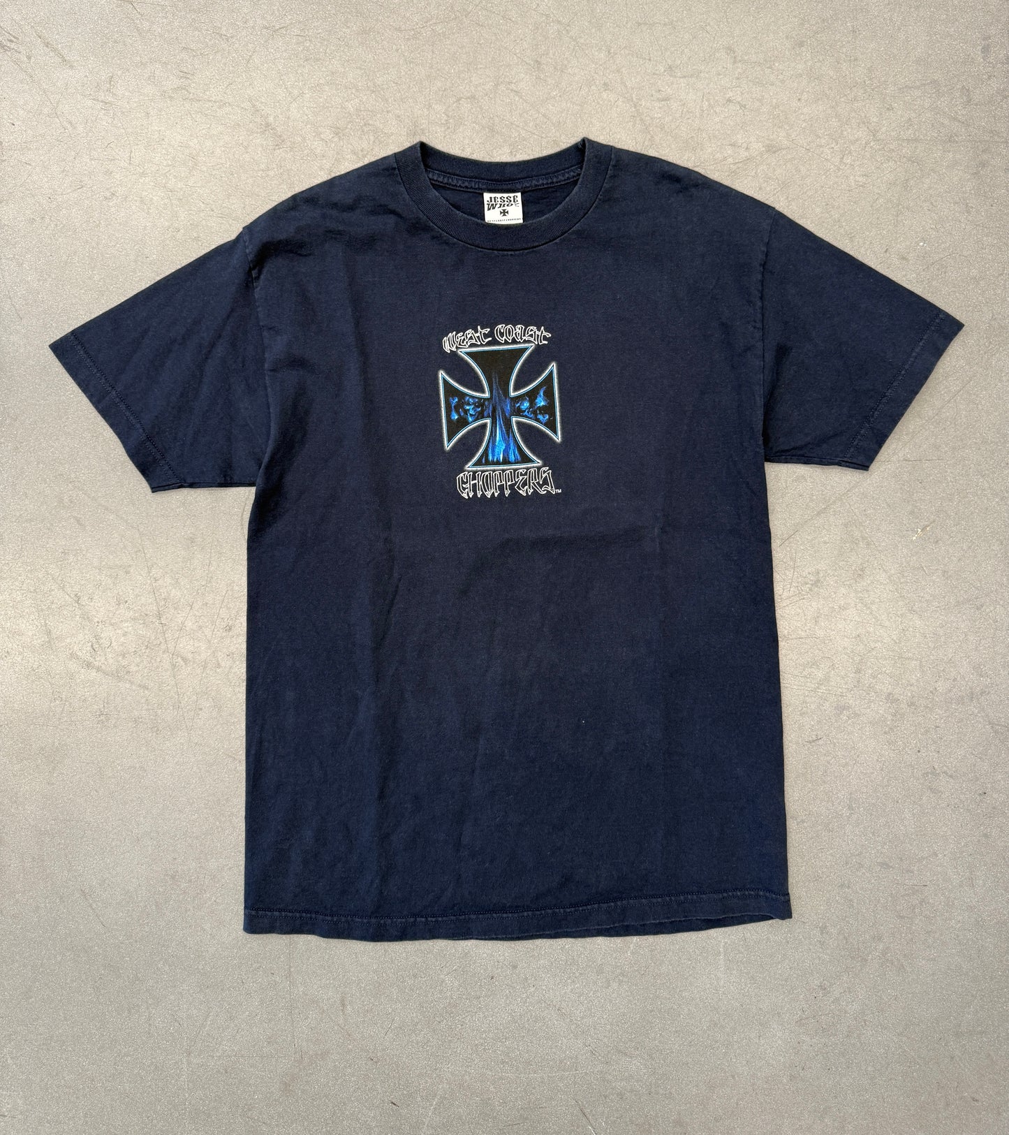 Y2K WEST COAST CHOPPERS SKULLS IRON CROSS LOGO BLUE BIKE MULLET TEE (JESSE WHO? TAG)