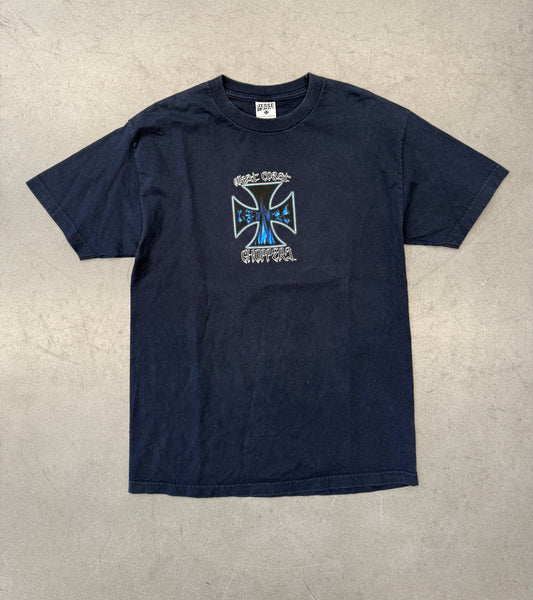 Y2K WEST COAST CHOPPERS SKULLS IRON CROSS LOGO BLUE BIKE MULLET TEE (JESSE WHO? TAG)