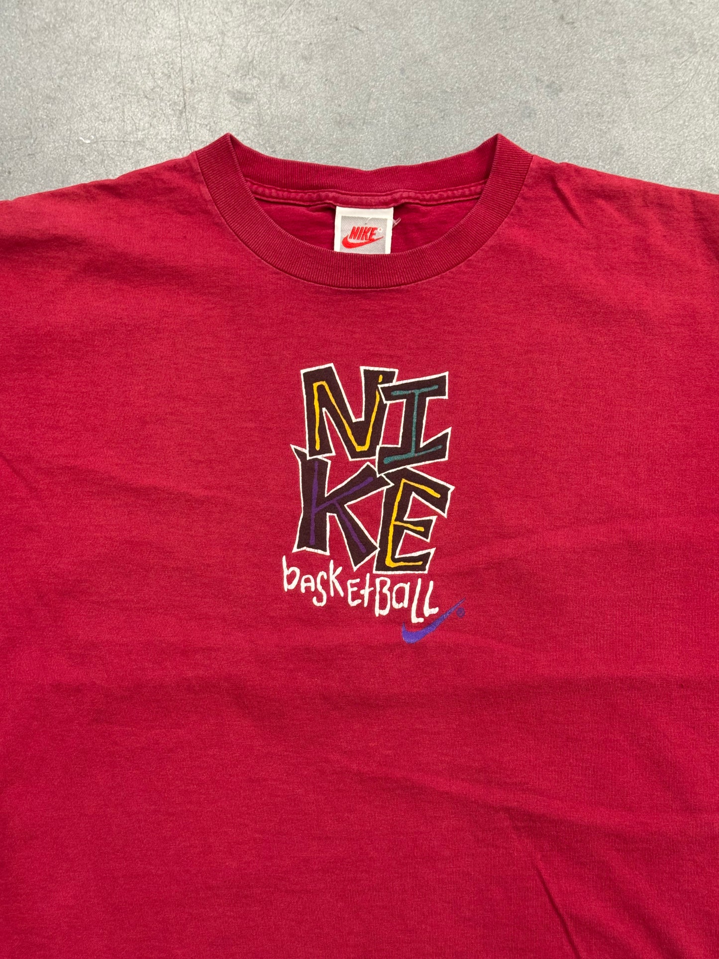 90S NIKE BASKETBALL GRAFFITI SPELLOUT JUST DO IT TEE (RED/WHITE NIKE TAG)