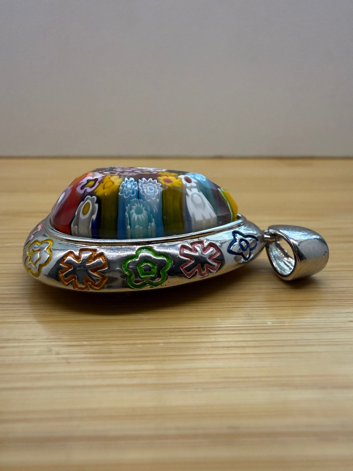 ALAN K. DOUBLE PEAR MILLEFIORI MURANO GLASS MULTICOLOR FLOWER SILVER PENDANT