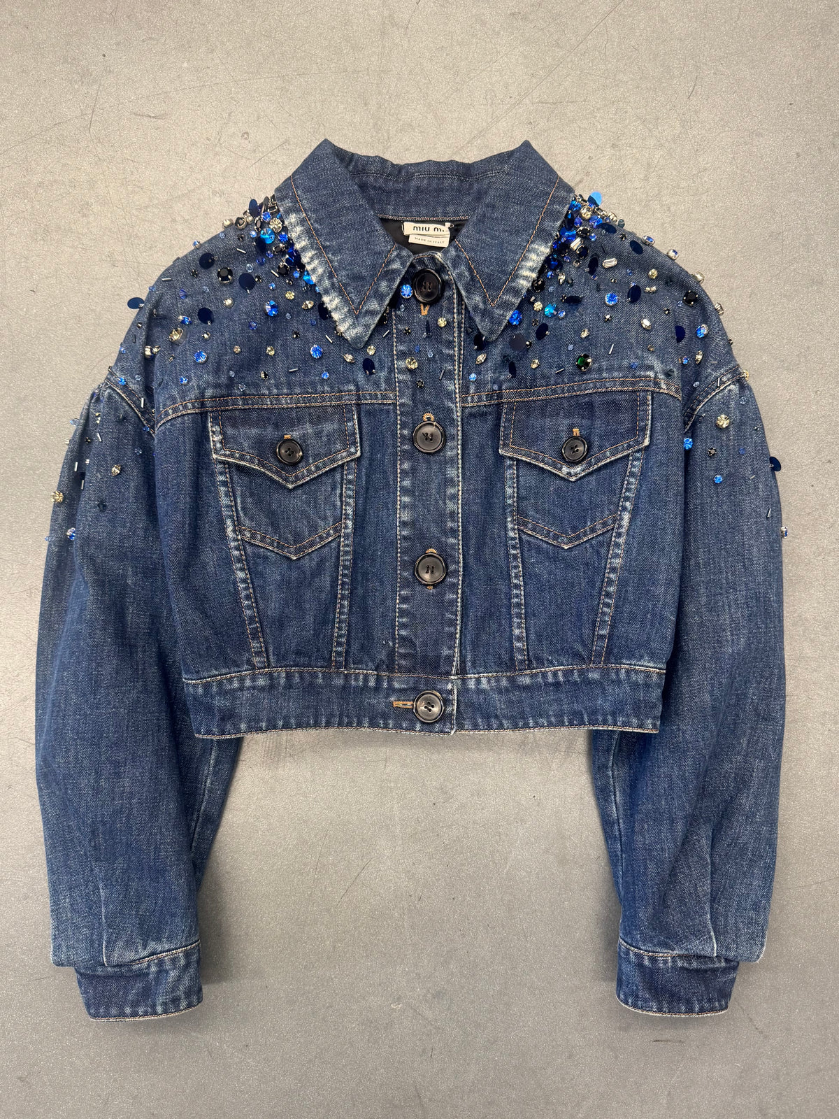 2014 MIU MIU EMBELLISHED CROPPED DENIM JACKET