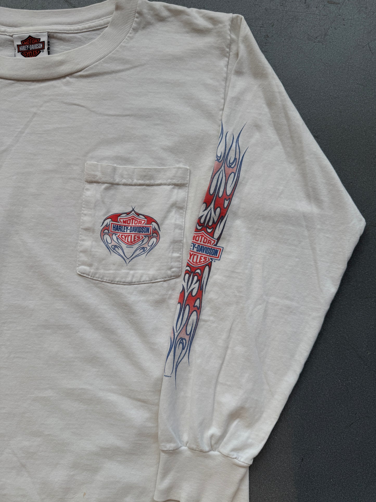2004 HARLEY DAVIDSON "TILLEY'S HARLEY-DAVIDSON SHOP SALISBURY, NC" FLAME LS MULLET TEE (HARLEY DAVIDSON TAG)