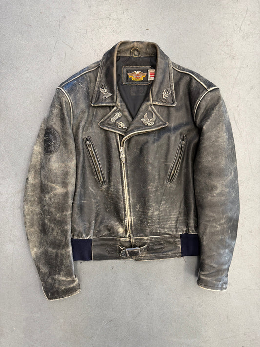1993 HARLEY-DAVIDSON 90TH ANNIVERSARY "WORLD'S FINEST" ZIP UP LEATHER JACKET WITH PINS