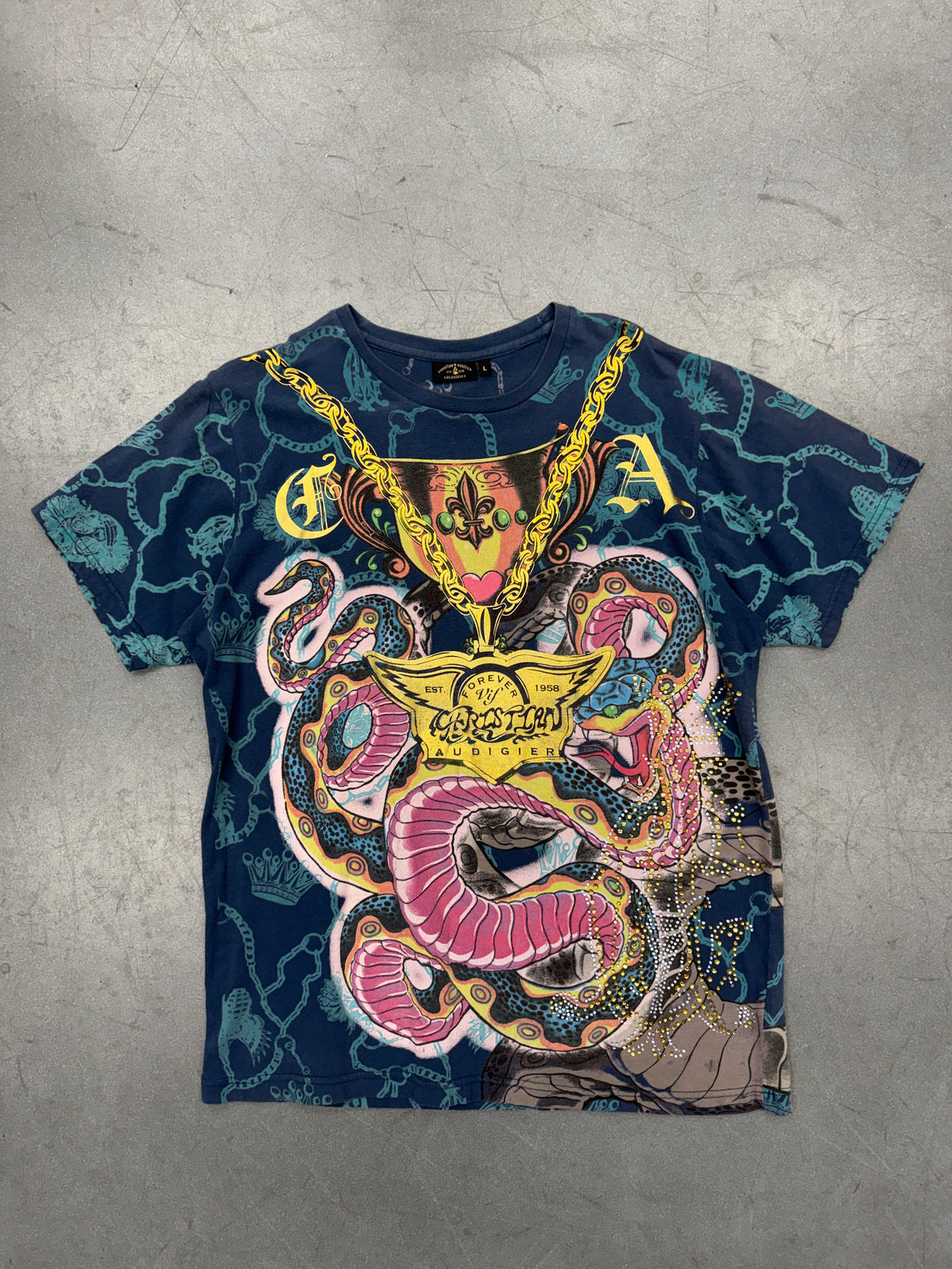 CHRISTIAN AUDIGIER FOREVER GOLD CHAIN NAVY TEE