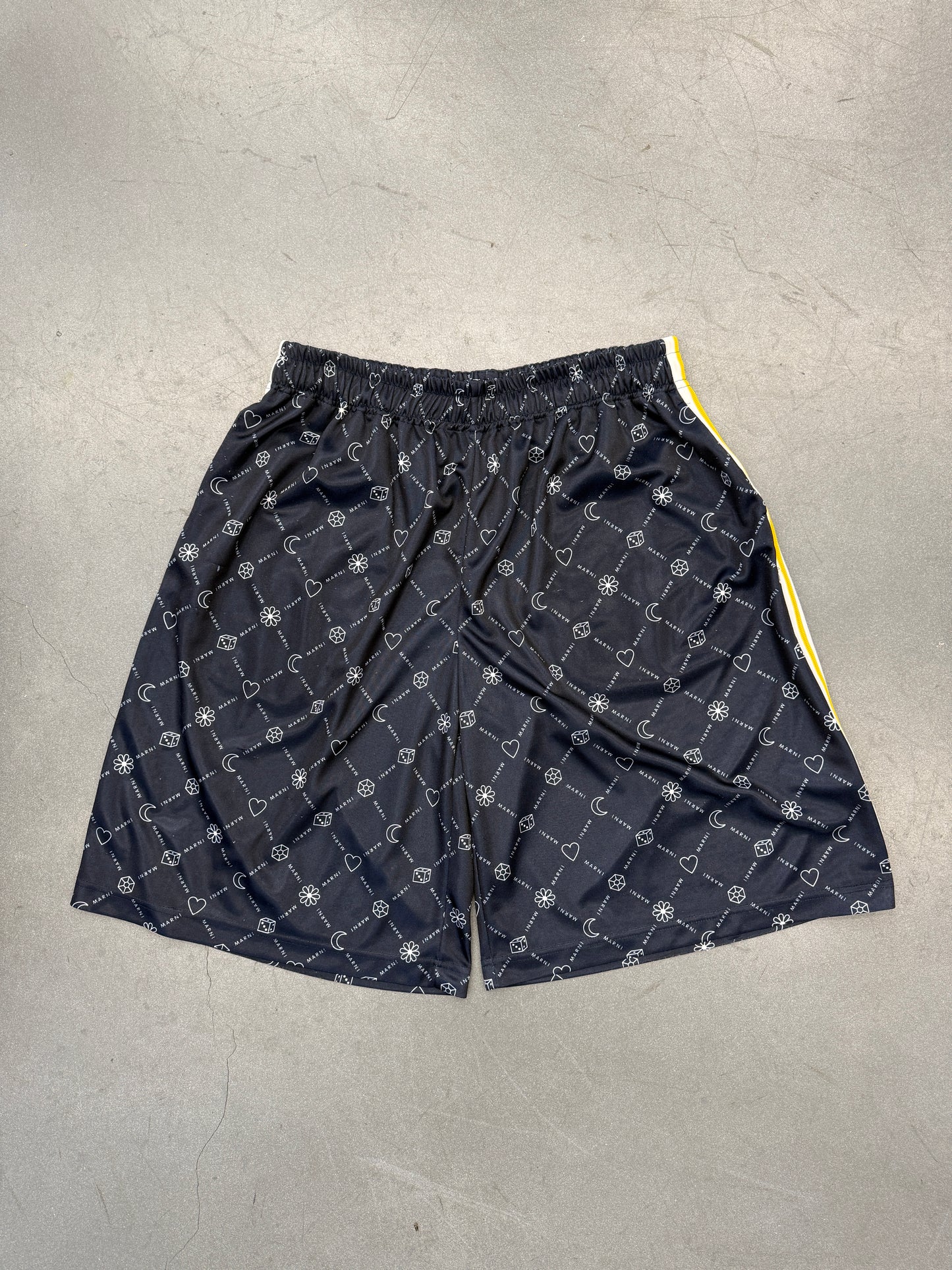 MARNI DICE-HEART-FLOWER-GEM-MOON MULTI-LOGO NYLON SHORTS
