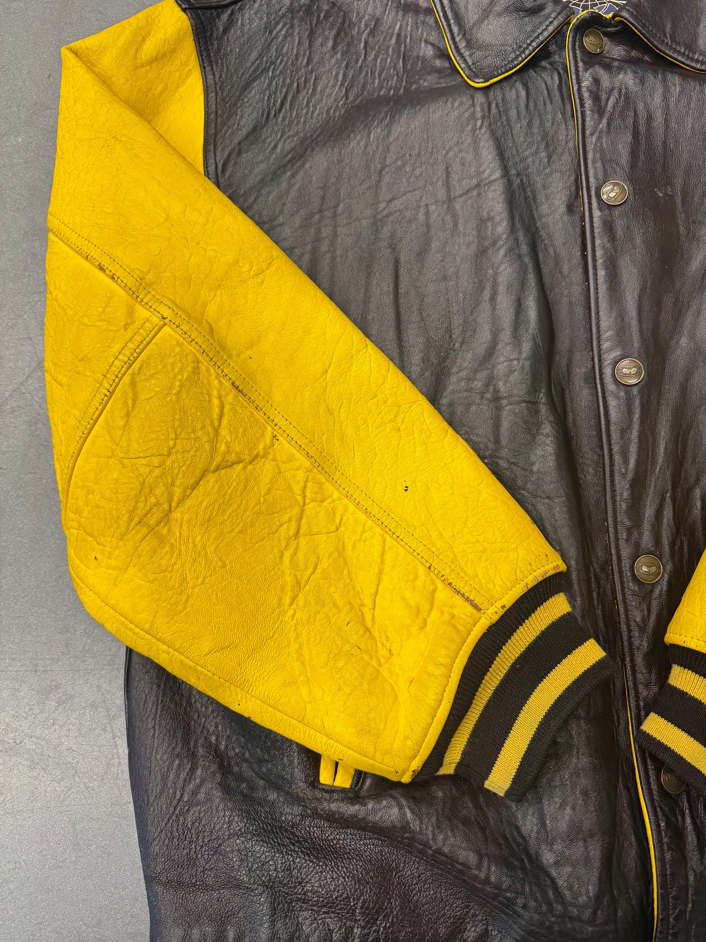90S WU-TANG WU WEAR KILLAH BEEZ LEATHER VARSITY JACKET - BLACK/YELLOW