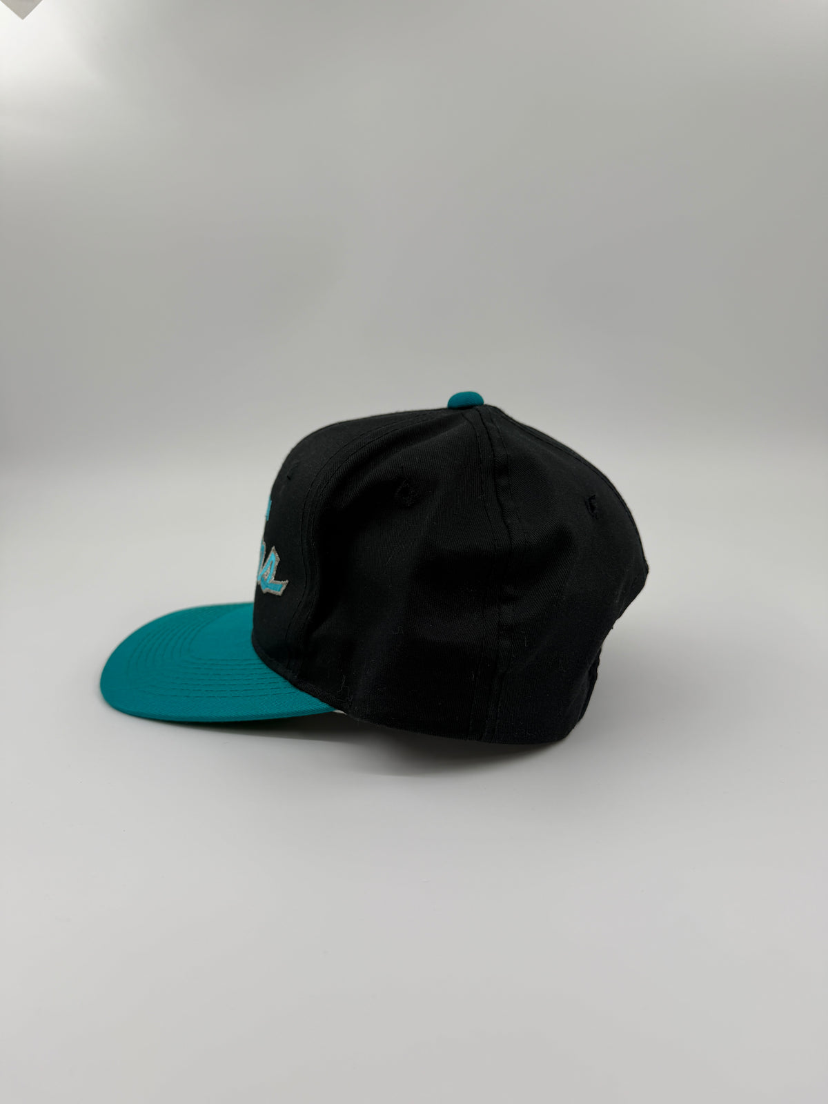 90S FLORIDA MARLINS SCRIPT THE TWILL SPORTS SPECIALTIES SNAPBACK HAT BLACK/TEAL