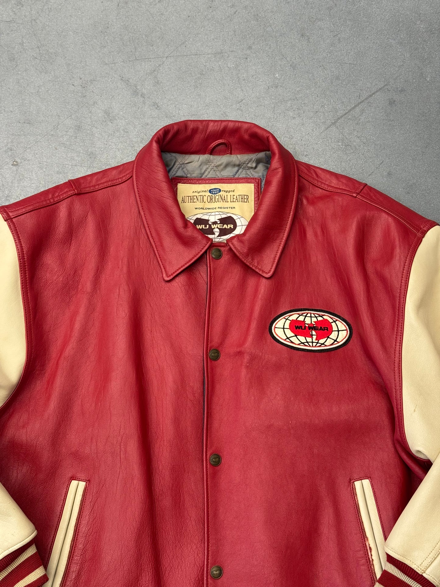 90S WU-TANG WU WEAR URBAN MILITIA LEATHER VARSITY JACKET - RED/WHITE